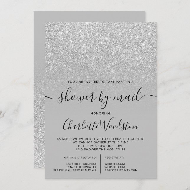 Silver glitter gray cancelled shower by mail invitation (Front/Back)