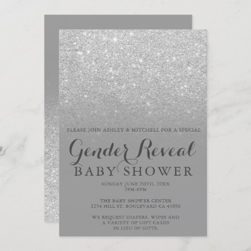 Silver glitter gray chic gender reveal baby shower invitation