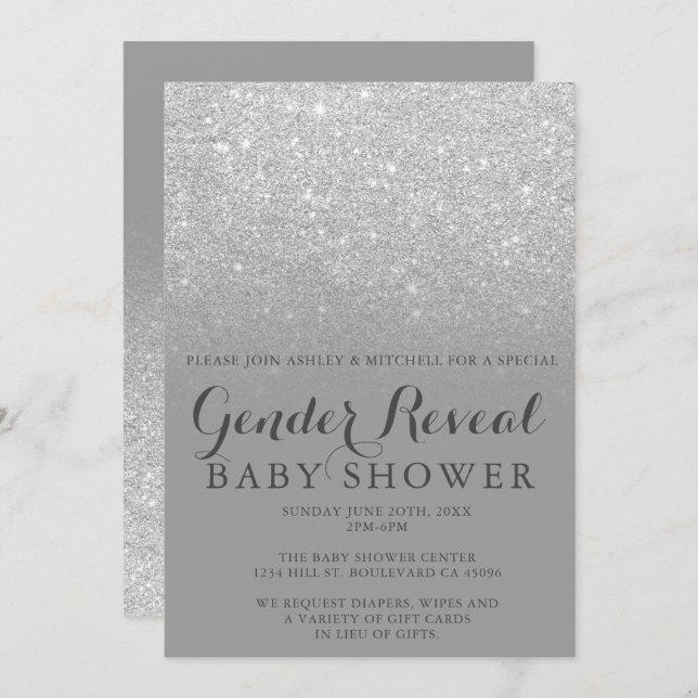 Silver glitter gray chic gender reveal baby shower invitation (Front/Back)