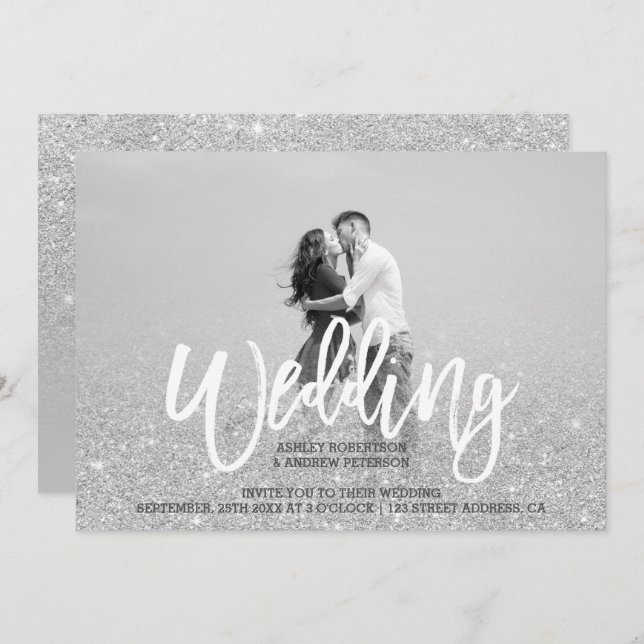 Silver glitter gray chic photo wedding invitation (Front/Back)