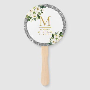 Silver Glitter Gray Floral Monogram Hand Fan