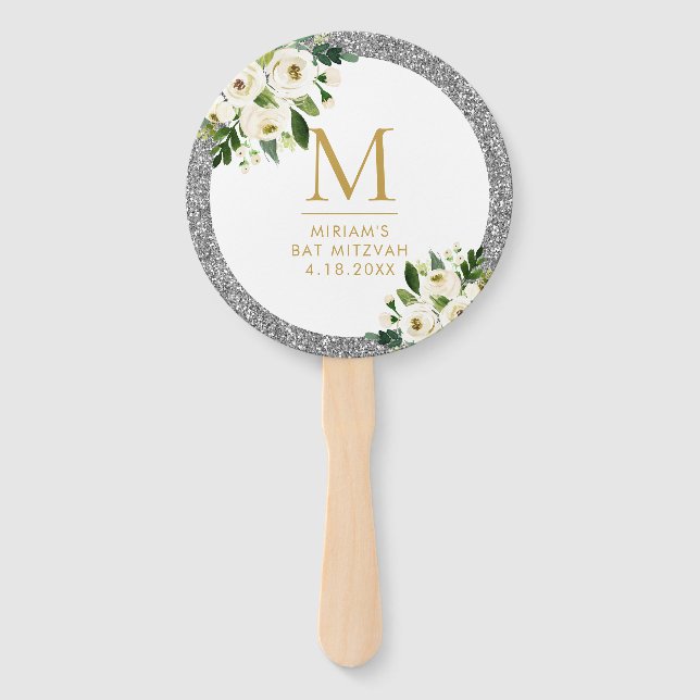 Silver Glitter Gray Floral Monogram Hand Fan (Front)