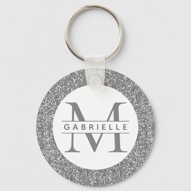 Silver Glitter Gray Initials Name Keychain (Front)