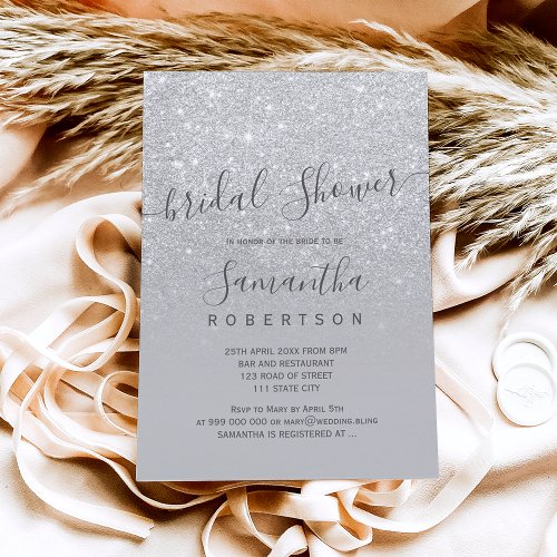 Silver glitter gray script bridal shower invitation