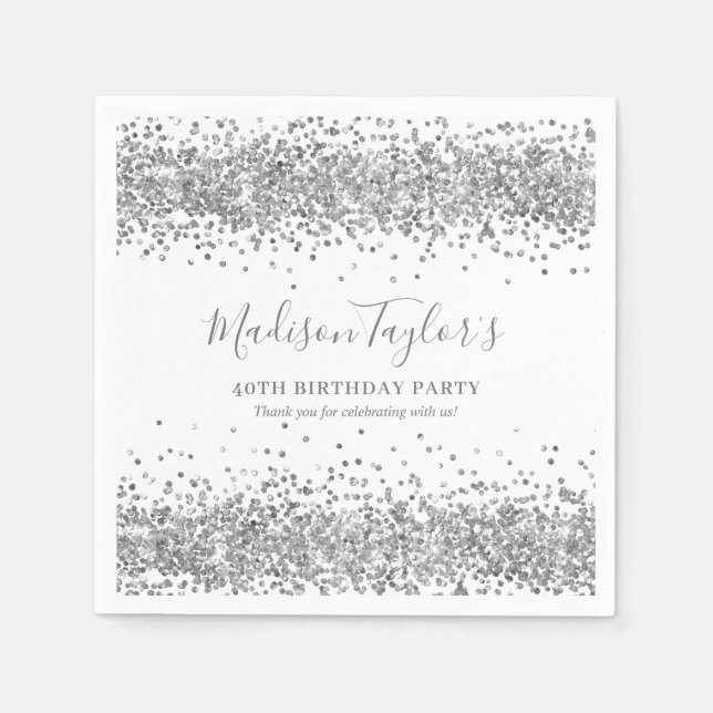 Silver Glitter Gray Sparkle Confetti Birthday Napkins (Front)