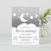 Silver glitter gray star moon cloud baby shower invitation (Standing Front)