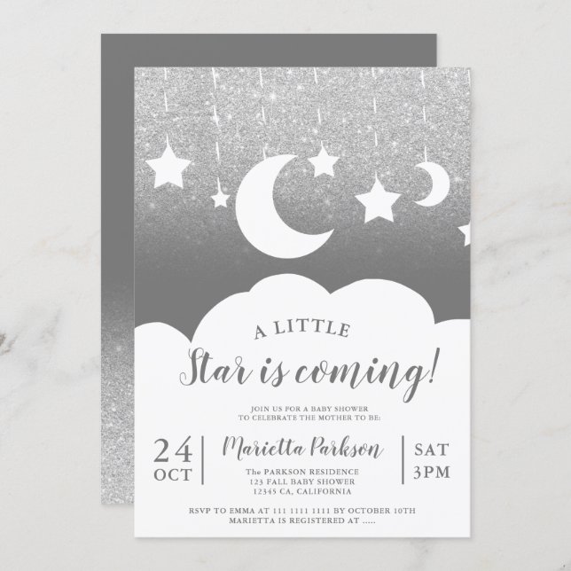 Silver glitter gray star moon cloud baby shower invitation (Front/Back)
