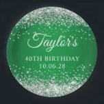 Silver Glitter Green 40th Birthday Paper Plates<br><div class="desc">Create your own large round paper plates for her 40th birthday party. Girly faux sparkly silver glitter over a bright Kelly green gradient background. Erase the gradient or ombre digital art graphic if you'd prefer a solid color background. Customize the font styles to create your own design for her special...</div>