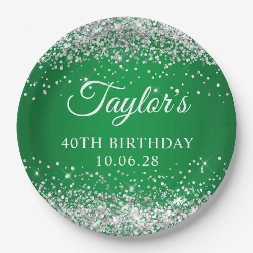 Silver Glitter Green 40th Birthday Paper Plates