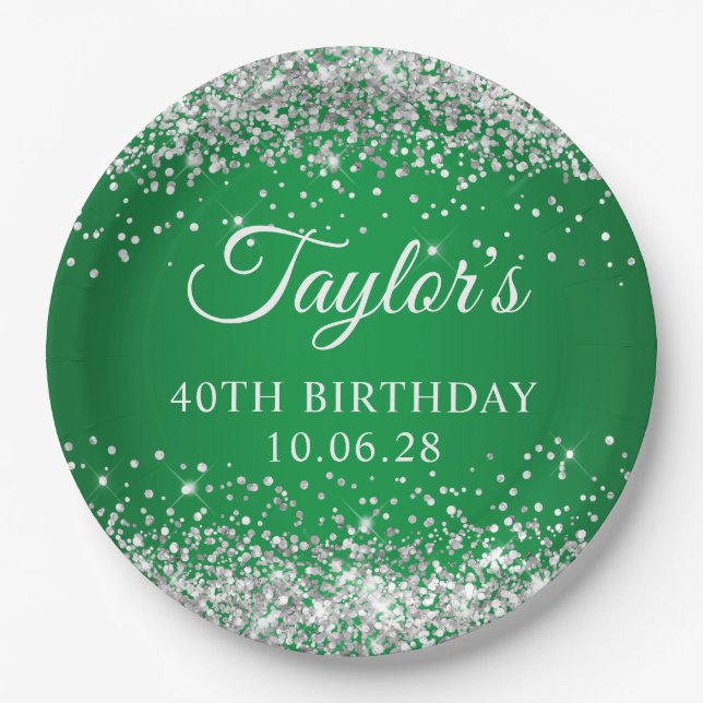 Silver Glitter Green 40th Birthday Paper Plates (Front)