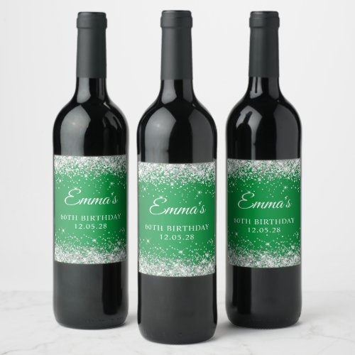 Silver Glitter Green 60th Birthday Wine Label