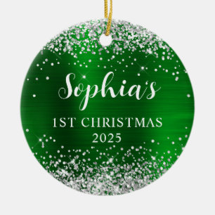 Silver Glitter Green Faux Foil 1st Christmas Photo Ceramic Ornament
