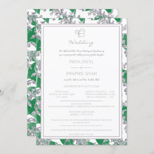 Silver Glitter Green Floral Punjabi Sikh Ek Onkar Invitation