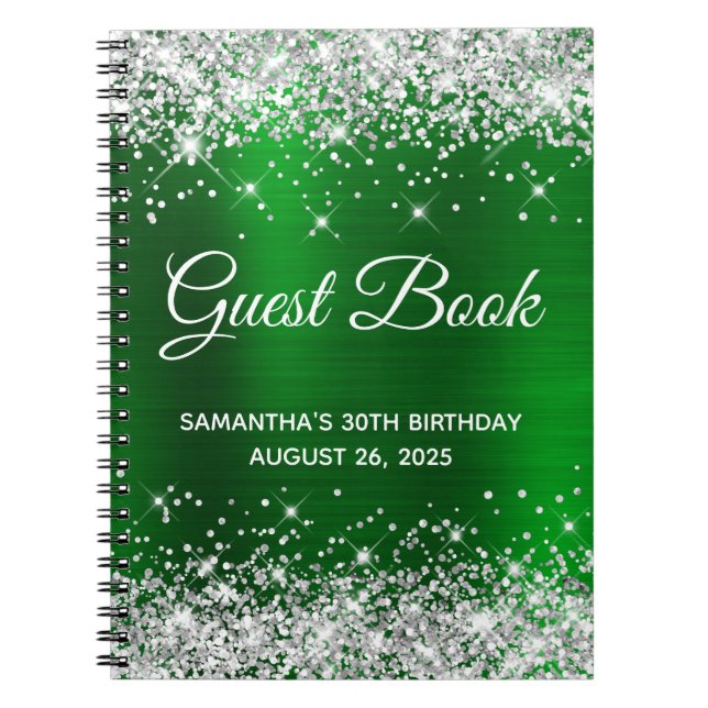 Silver Glitter Green Foil 30th Birthday Guestbook Notebook (Front)
