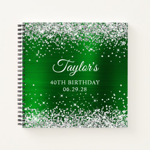 Silver Glitter Green Foil 40th Birthday Guest Notebook
