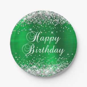Silver Glitter Green Foil Happy Birthday Paper Plates
