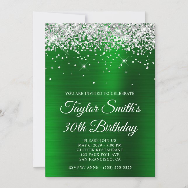 Silver Glitter Green Glam 30th Birthday Invitation (Front)