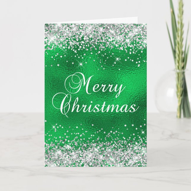Silver Glitter Green Glass Foil Merry Christmas Card (Front)