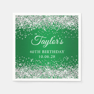 Silver Glitter Green Ombre 40th Birthday Napkins