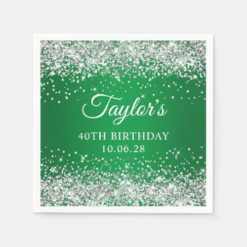 Silver Glitter Green Ombre 40th Birthday Napkins