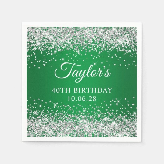 Silver Glitter Green Ombre 40th Birthday Napkins (Front)