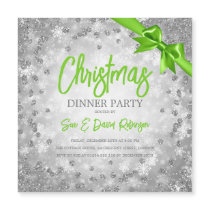 Silver Glitter Green Ribbon Christmas Invite