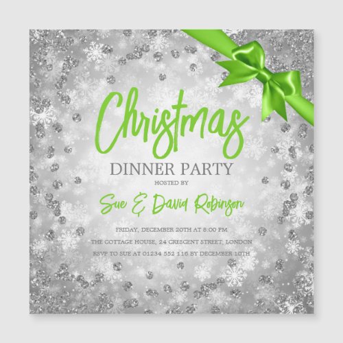 Silver Glitter Green Ribbon Christmas Invite