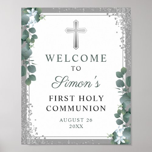 Silver Glitter Greenery First Communion Welcome Poster
