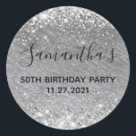 Silver Glitter Grey Leather 50th Birthday Party Classic Round Sticker<br><div class="desc">Create your own 50th birthday party favor stickers or envelop seals for your friend's milestone birthday. Girly faux sparkly silver glitter on the top and bottom edge over a grey faux leather texture digital art graphic. Customize the font styles to create your own favor sticker design for her special celebration....</div>