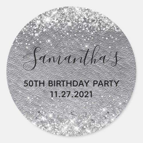 Silver Glitter Grey Leather 50th Birthday Party Classic Round Sticker