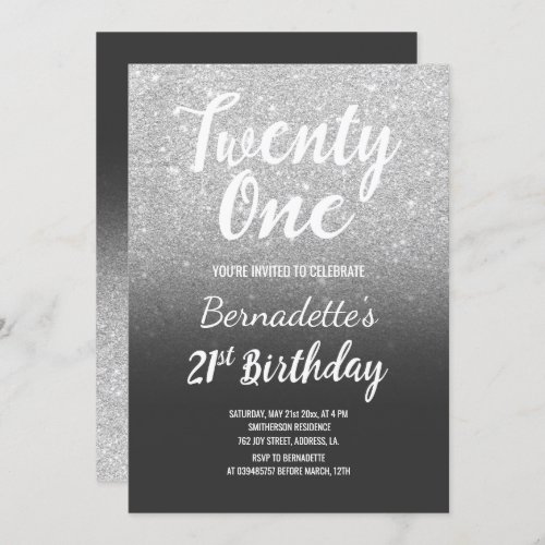 Silver glitter grey ombre 21st Birthday Invitation