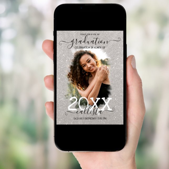 Silver Glitter Halo Photo Collage Graduation Invitation (Front Digital)