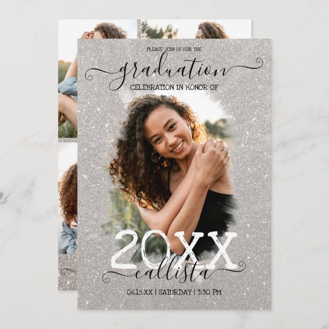 Silver Glitter Halo Photo Collage Graduation Invitation (Front/Back)