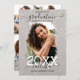 Silver Glitter Halo Photo Collage Graduation Invitation