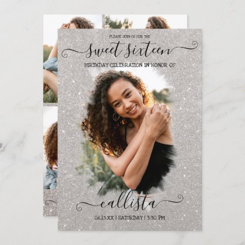 Silver Glitter Halo Photo Collage Sweet 16 Invitation