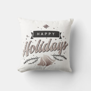 Silver Glitter Happy Holidays Bells Christmas  Throw Pillow