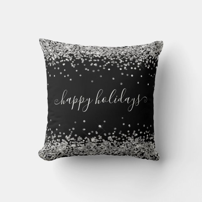 Silver Glitter Happy Holidays Sparkle Shine Black Throw Pillow (Front)