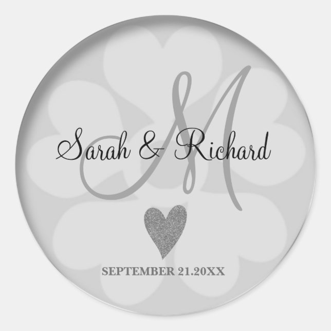 Silver Glitter Heart Wedding Bride Groom Monogram Classic Round Sticker (Front)
