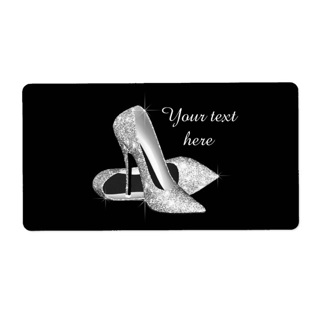 Silver Glitter High Heel Shoe Wine Bottle Label (Front)
