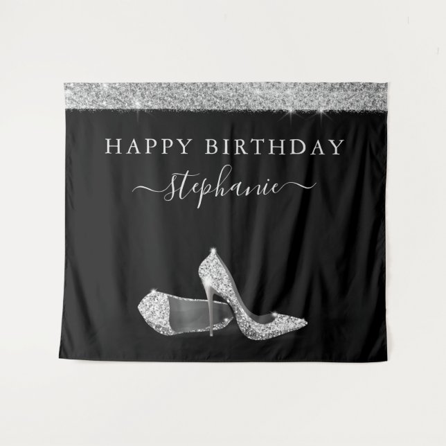 Silver Glitter High Heels Birthday Backdrop (Front (Horizontal))