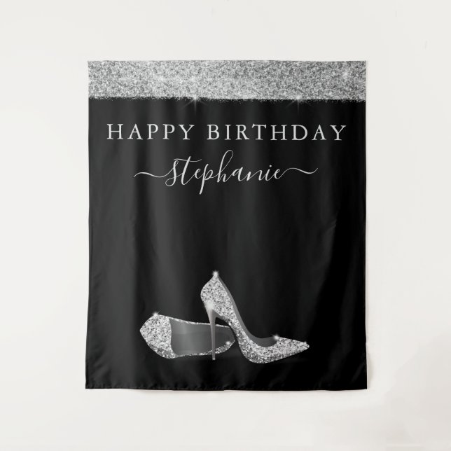 Silver Glitter High Heels Birthday Backdrop (Front)