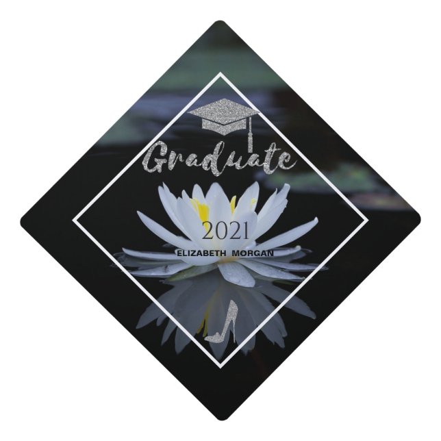 Silver Glitter High Heels,White Lotus Graduation Cap Topper (Front)