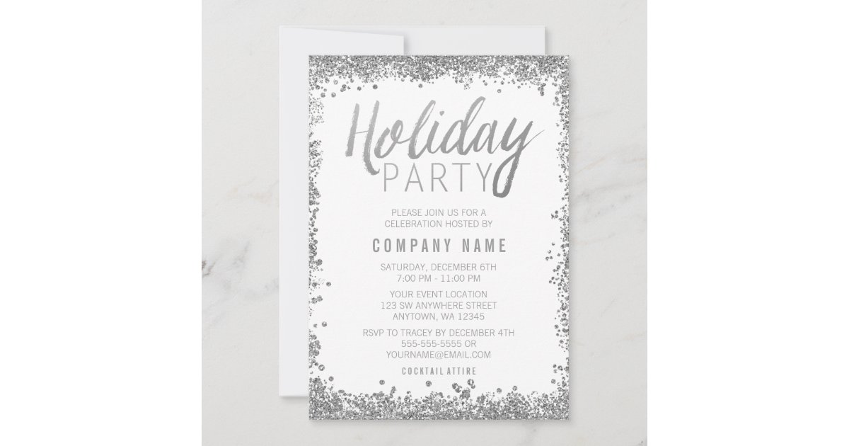 Silver Glitter Holiday Party Invitations | Zazzle