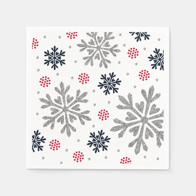 Silver Glitter Holiday Snowflake Napkins (Front)