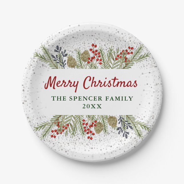 Silver Glitter Holly Berries Christmas Party Paper Plates (Front)