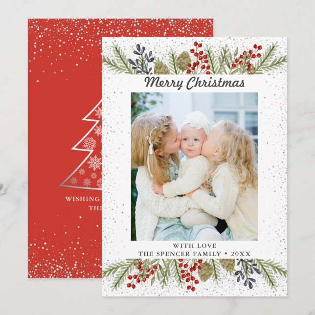 Silver Glitter Holly Berries Christmas Photo Holiday Card (Front/Back)