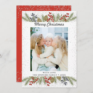 Silver Glitter Holly Berries Christmas Photo Holiday Card