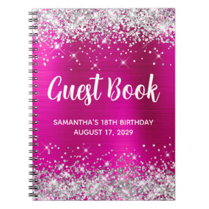 Silver Glitter Hot Pink 18th Birthday Guestbook Notebook