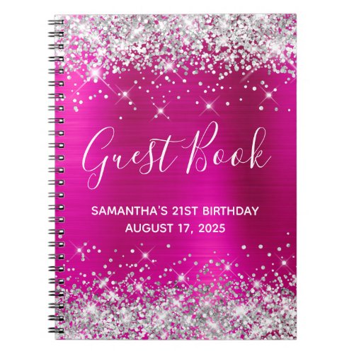 Silver Glitter Hot Pink 21st Birthday Guestbook Notebook