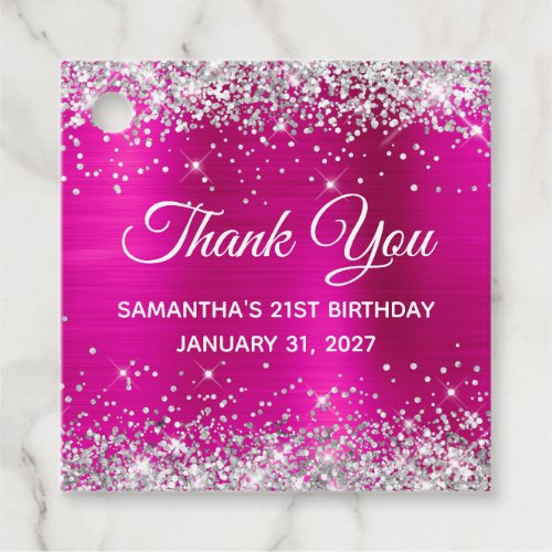 Silver Glitter Hot Pink 21st Birthday Thank You Favor Tags